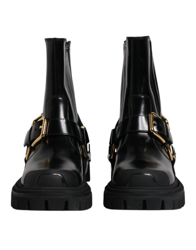 Dolce & Gabbana Schwarz Leder Slip On Stretch Trekking Stiefel Schuhe