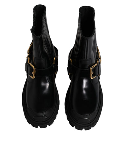 Dolce & Gabbana Schwarz Leder Slip On Stretch Trekking Stiefel Schuhe