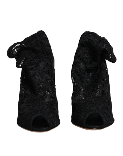 Dolce & Gabbana Schwarze Spitze Stretch Heels Mittlere Wadenstiefel Schuhe