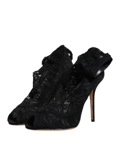 Dolce & Gabbana Schwarze Spitze Stretch Heels Mittlere Wadenstiefel Schuhe