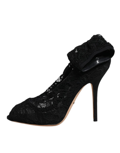 Dolce & Gabbana Schwarze Spitze Stretch Heels Mittlere Wadenstiefel Schuhe