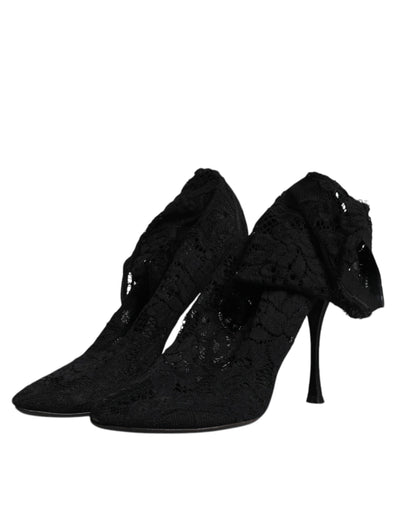 Dolce & Gabbana Schwarze Spitze Stretch Heels Mittlere Wadenstiefel Schuhe