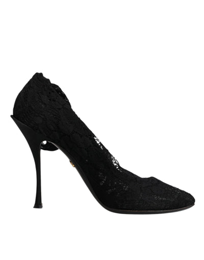 Dolce & Gabbana Schwarze Spitze Stretch Heels Mittlere Wadenstiefel Schuhe