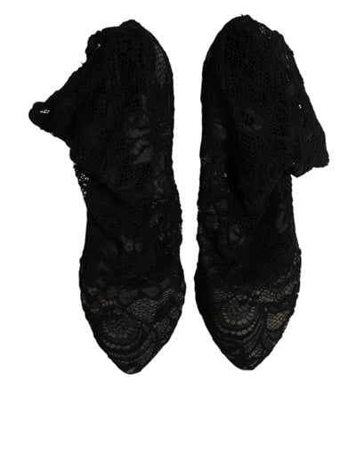 Dolce & Gabbana Schwarze Spitze Stretch Heels Mittlere Wadenstiefel Schuhe