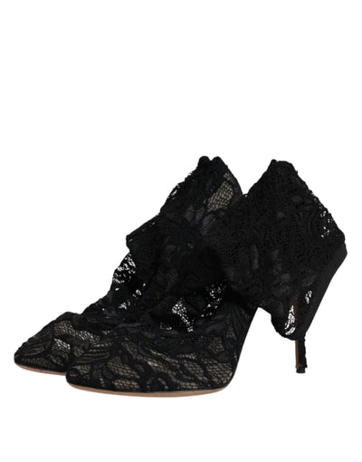 Dolce & Gabbana Schwarze Spitze Stretch Heels Mittlere Wadenstiefel Schuhe
