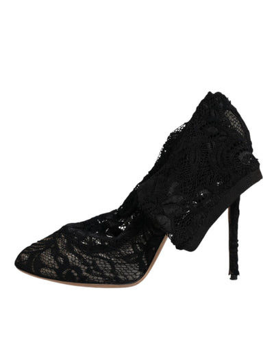 Dolce & Gabbana Schwarze Spitze Stretch Heels Mittlere Wadenstiefel Schuhe