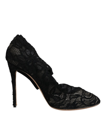 Dolce & Gabbana Schwarze Spitze Stretch Heels Mittlere Wadenstiefel Schuhe