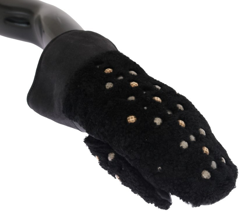 Dolce & Gabbana Schwarze Leder-Shearling-Handschuhe mit Nieten