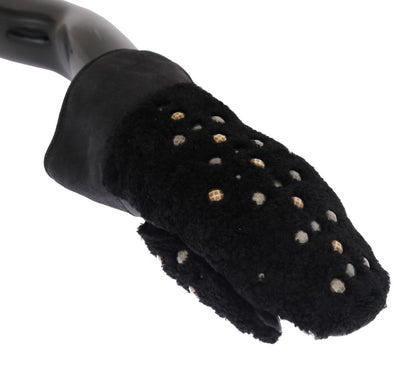 Dolce & Gabbana Schwarze Leder-Shearling-Handschuhe mit Nieten