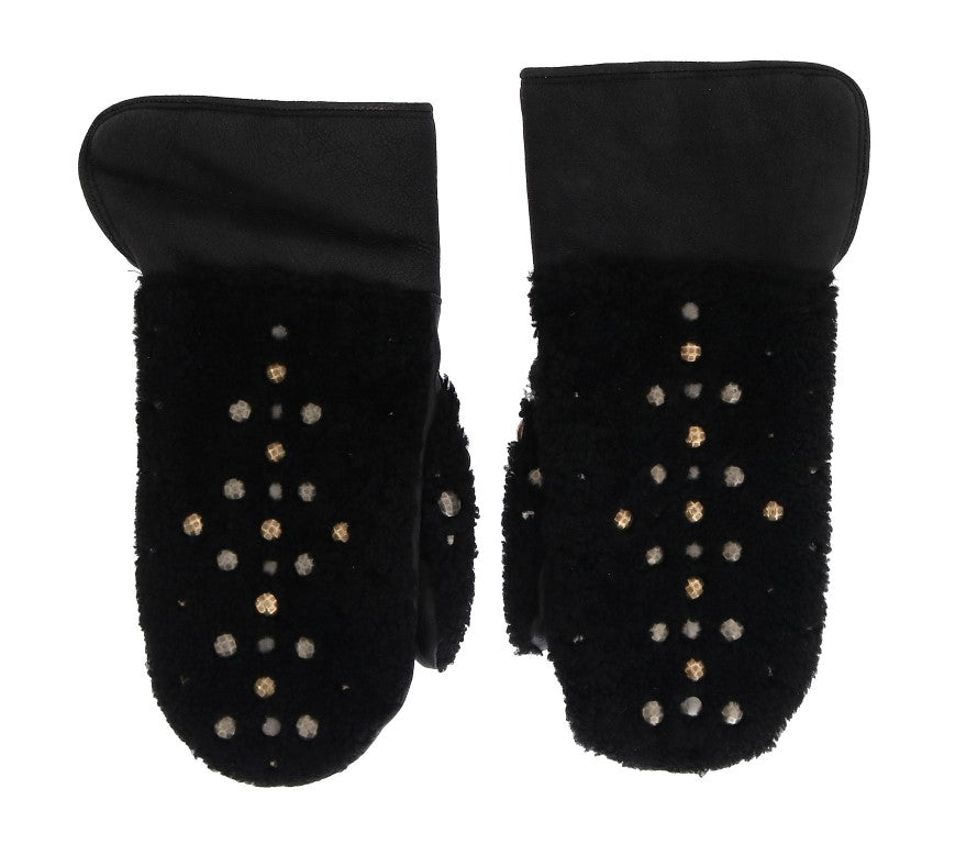 Dolce & Gabbana Schwarze Leder-Shearling-Handschuhe mit Nieten