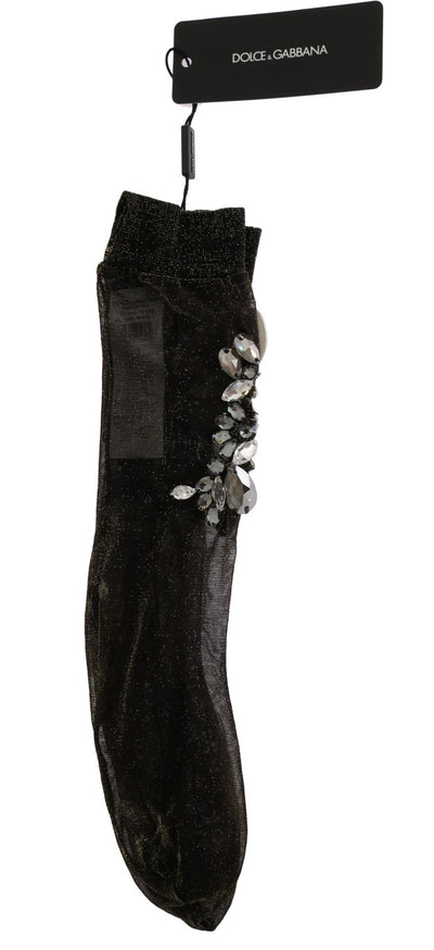 Dolce & Gabbana Schwarze Stretch Floral Socken mit klarem Kristall