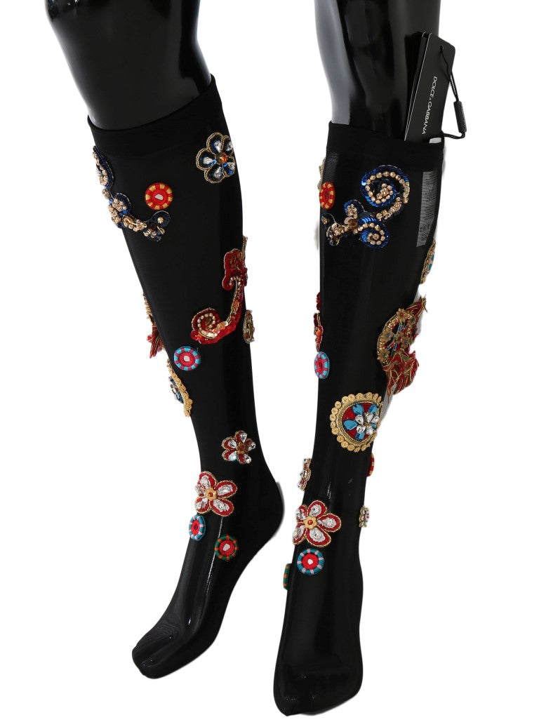 Dolce & Gabbana Schwarze Stretch Carretto Crystal Socken