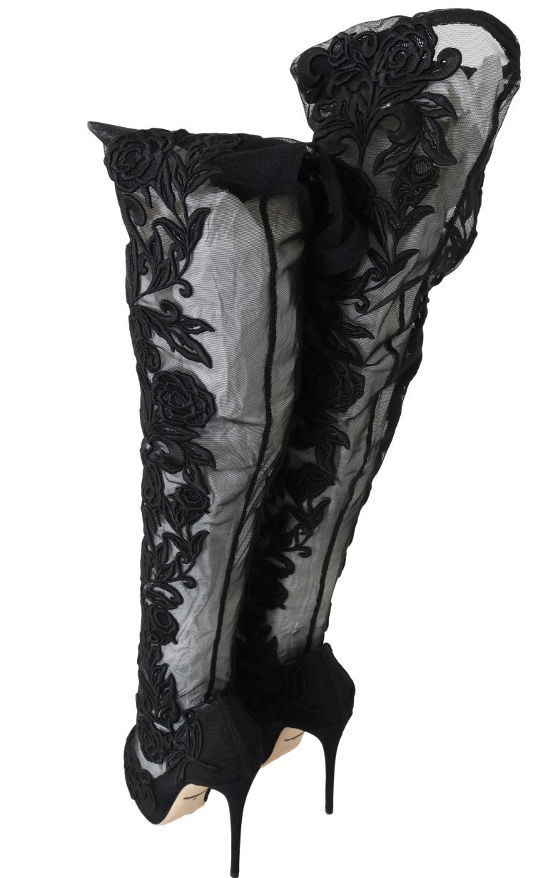 Dolce & Gabbana Schwarze floral bestickte Socken Stiefel