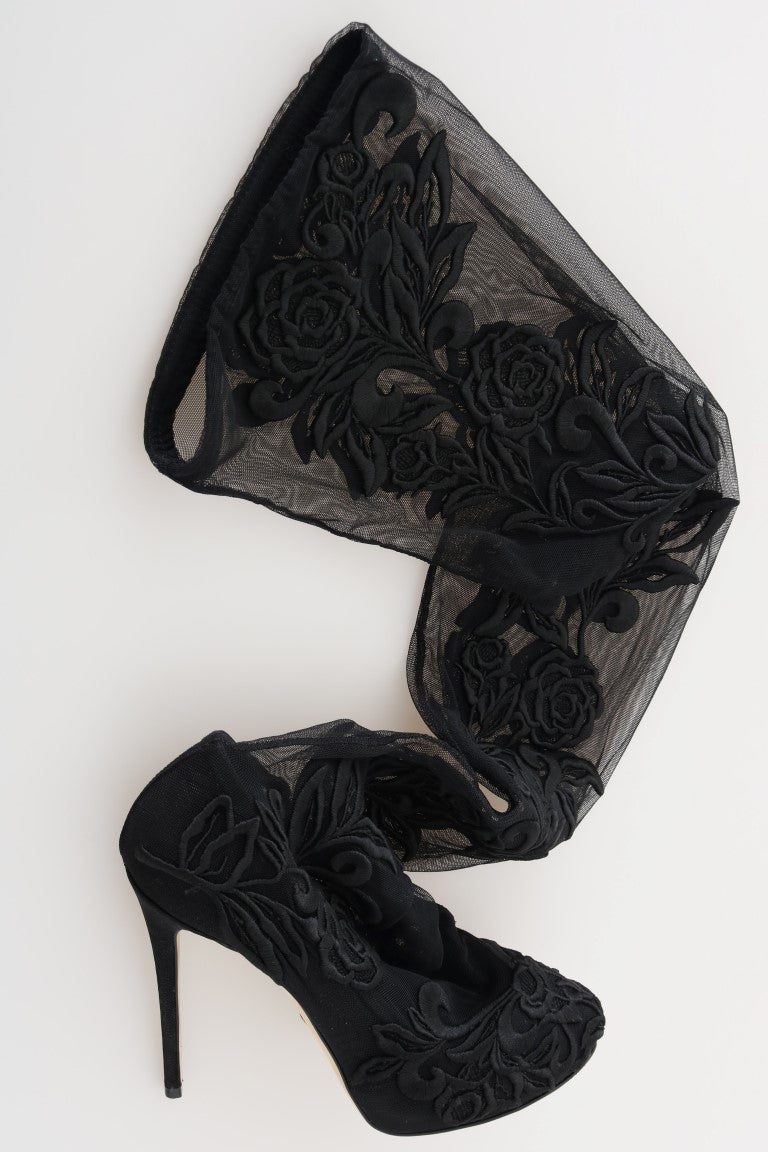 Dolce & Gabbana Schwarze floral bestickte Socken Stiefel