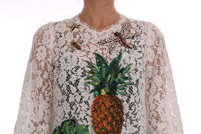 Dolce & Gabbana Weiße Bluse aus kristallbesetzter Spitze