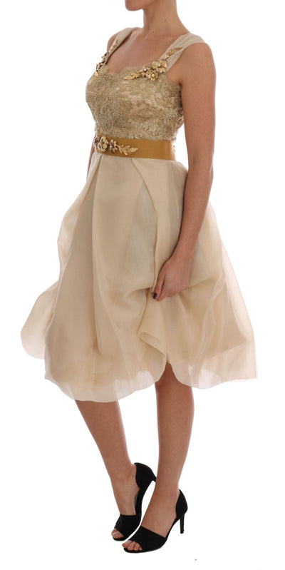 Dolce & Gabbana Goldfarbenes, kristallverziertes Seidenkleid