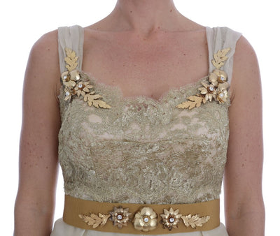 Dolce & Gabbana Goldfarbenes, kristallverziertes Seidenkleid