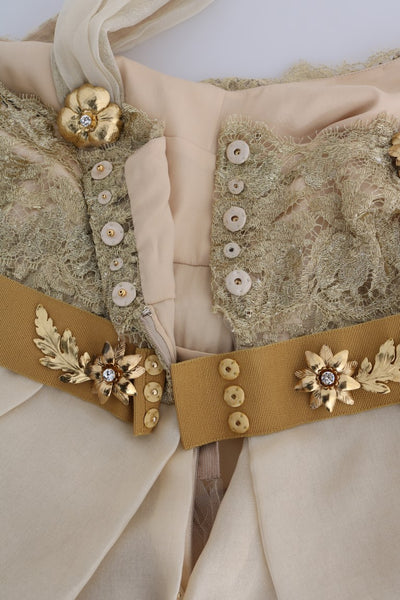 Dolce & Gabbana Goldfarbenes, kristallverziertes Seidenkleid