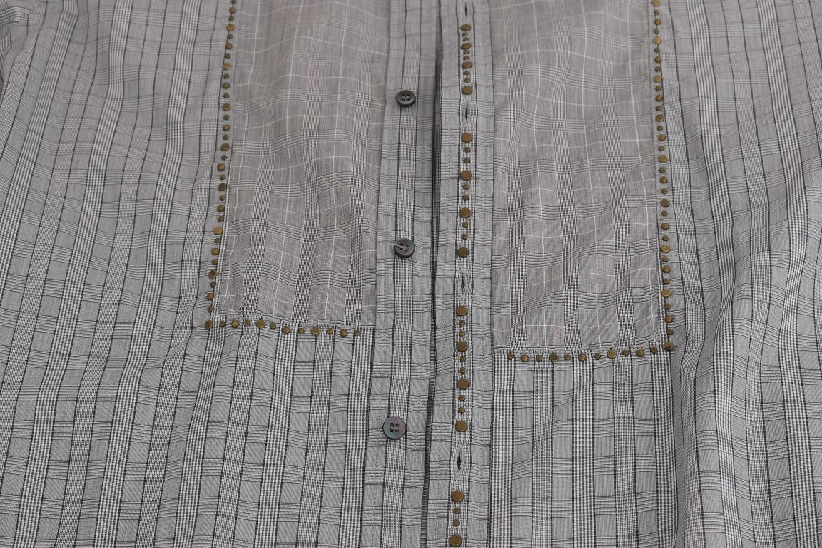 Dolce & Gabbana Grau kariertes GOLD-Baumwollhemd in schmaler Passform