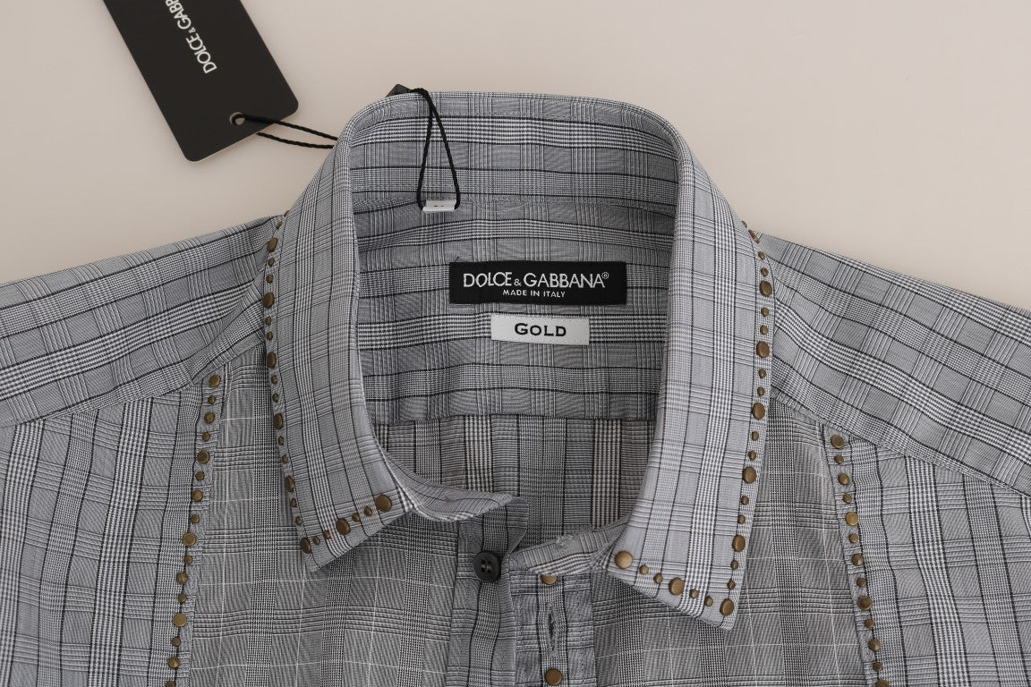 Dolce & Gabbana Grau kariertes GOLD-Baumwollhemd in schmaler Passform