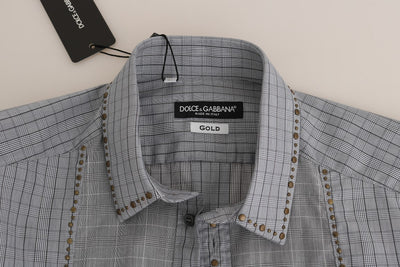 Dolce & Gabbana Grau kariertes GOLD-Baumwollhemd in schmaler Passform