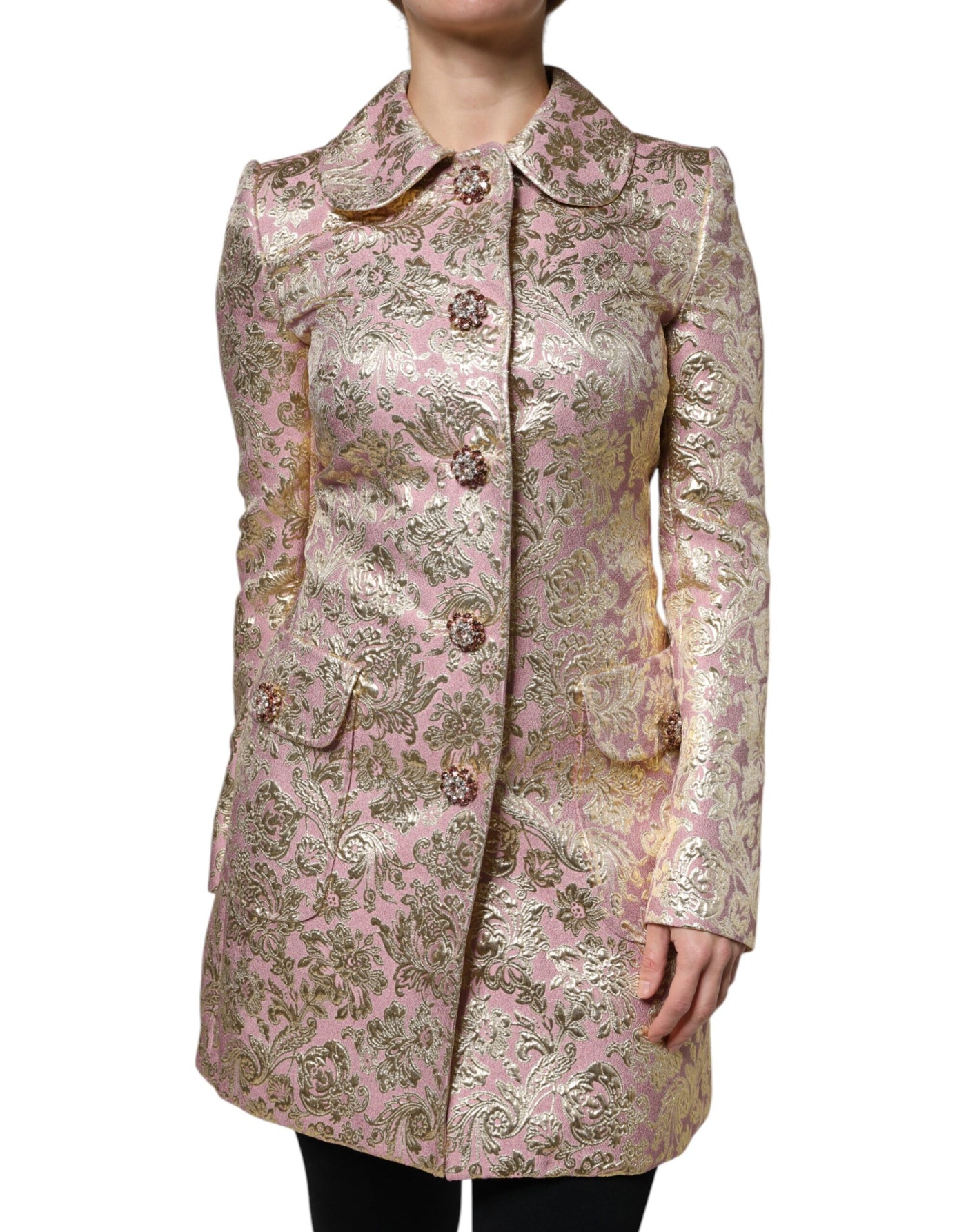 Dolce & Gabbana Metallischer Rosa-Gold-Jacquard-Juwel-Knopf-Mantel Jacke