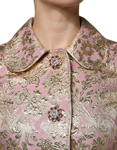 Dolce & Gabbana Metallischer Rosa-Gold-Jacquard-Juwel-Knopf-Mantel Jacke