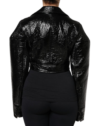Dolce & Gabbana Schwarzer Leder Mantel mit langen Ärmeln