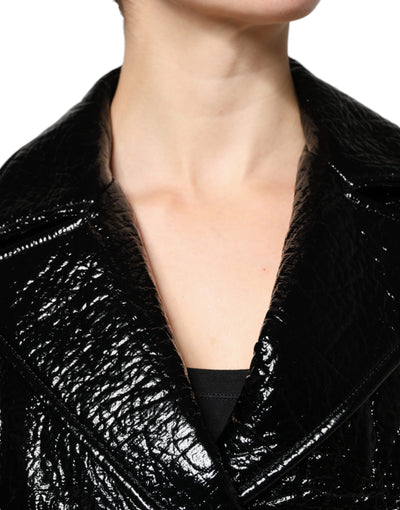 Dolce & Gabbana Schwarzer Leder Mantel mit langen Ärmeln