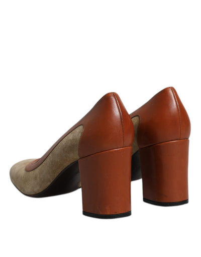 Dolce & Gabbana Beige Braun Leder Blockabsatz Pumps Schuhe