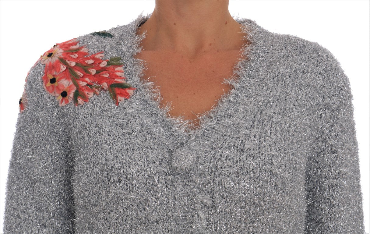 Dolce & Gabbana Silberne Strickjacke mit Blumenapplikation Pullover
