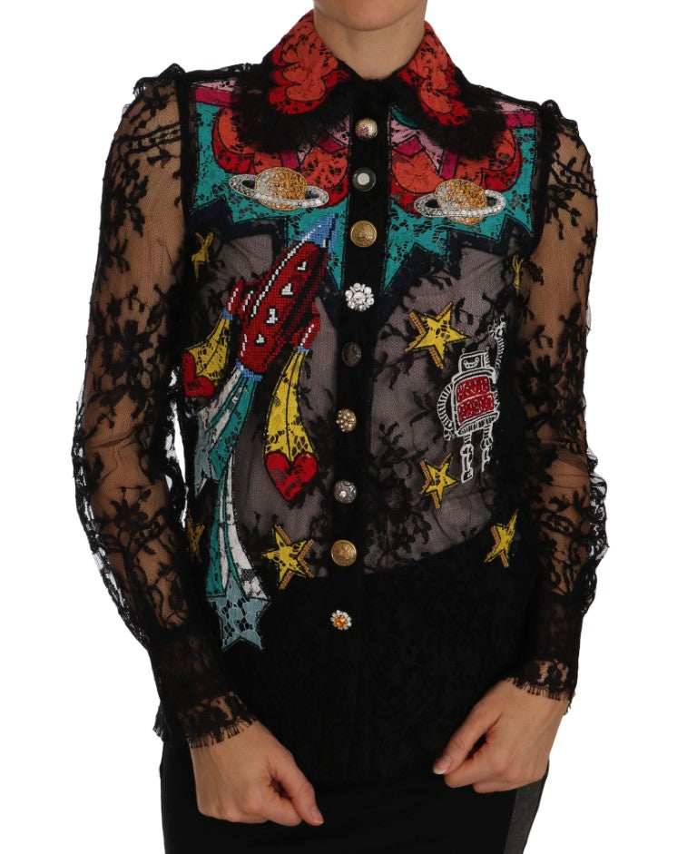 Dolce & Gabbana Schwarzes Lace Crystal SPACE Hemd