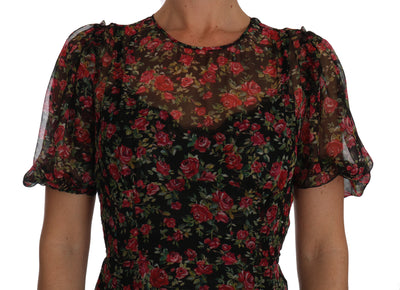 Dolce & Gabbana Schwarzes geblümtes Rosen-A-Linien-Shiftkleid