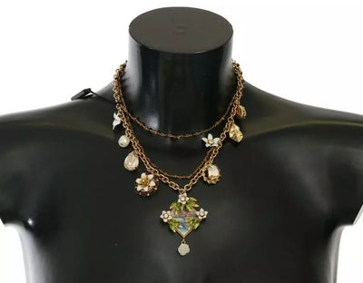 Dolce & Gabbana Gold Messing Kristall Floral Statement Charms Halskette