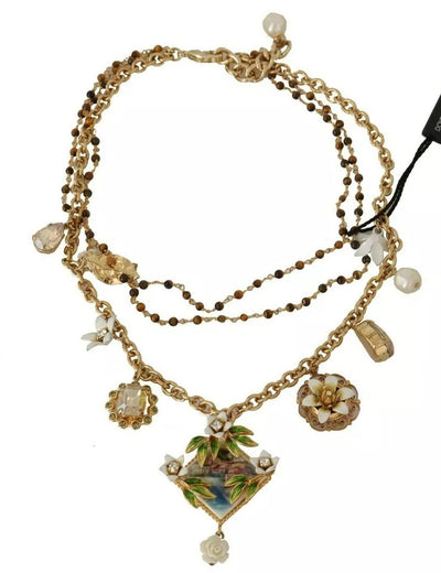 Dolce & Gabbana Gold Messing Kristall Floral Statement Charms Halskette