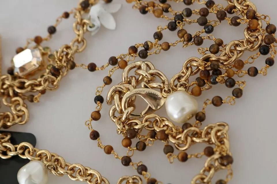 Dolce & Gabbana Gold Messing Kristall Floral Statement Charms Halskette