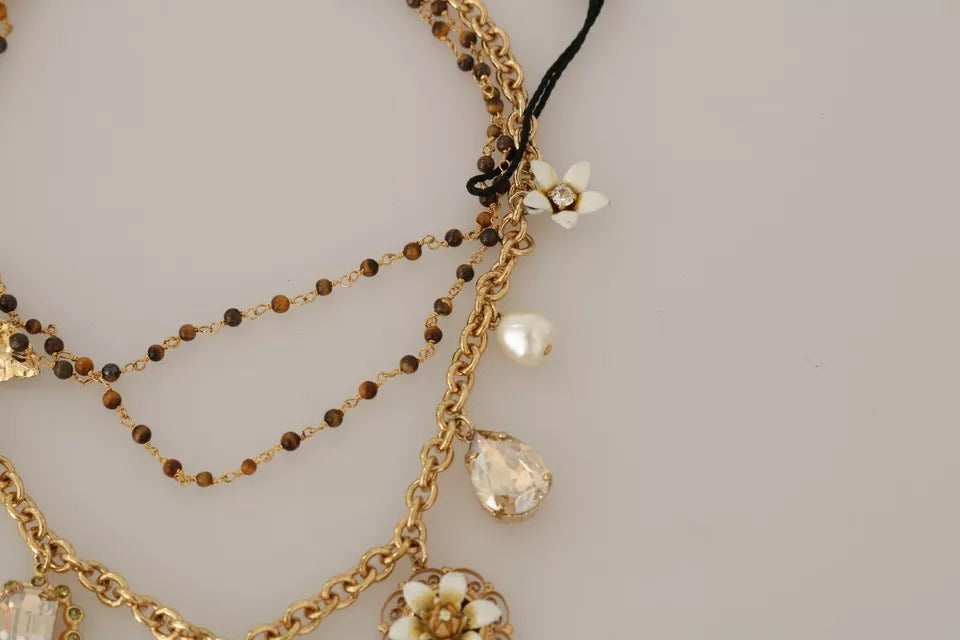 Dolce & Gabbana Gold Messing Kristall Floral Statement Charms Halskette
