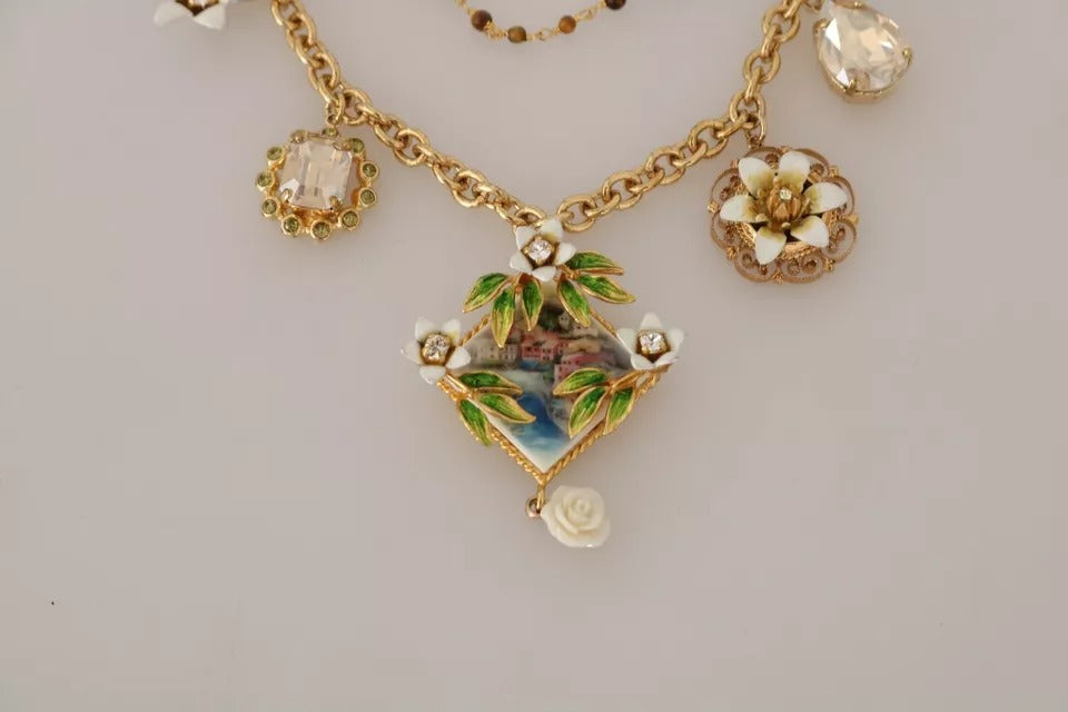 Dolce & Gabbana Gold Messing Kristall Floral Statement Charms Halskette