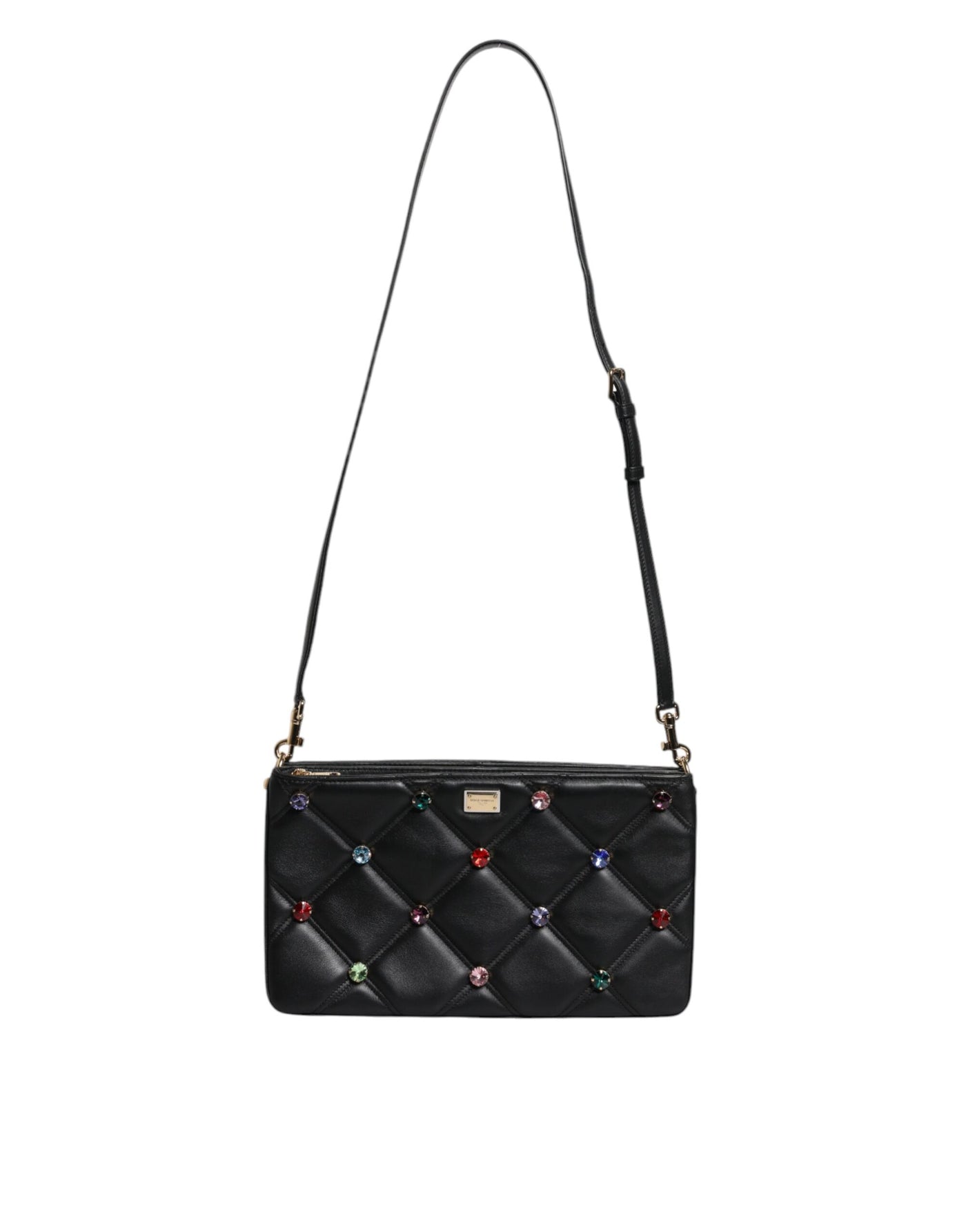 Dolce & Gabbana Schwarze Leder-Umhängetasche mit kristallbesetztem Logo