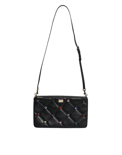 Dolce & Gabbana Schwarze Leder-Umhängetasche mit kristallbesetztem Logo