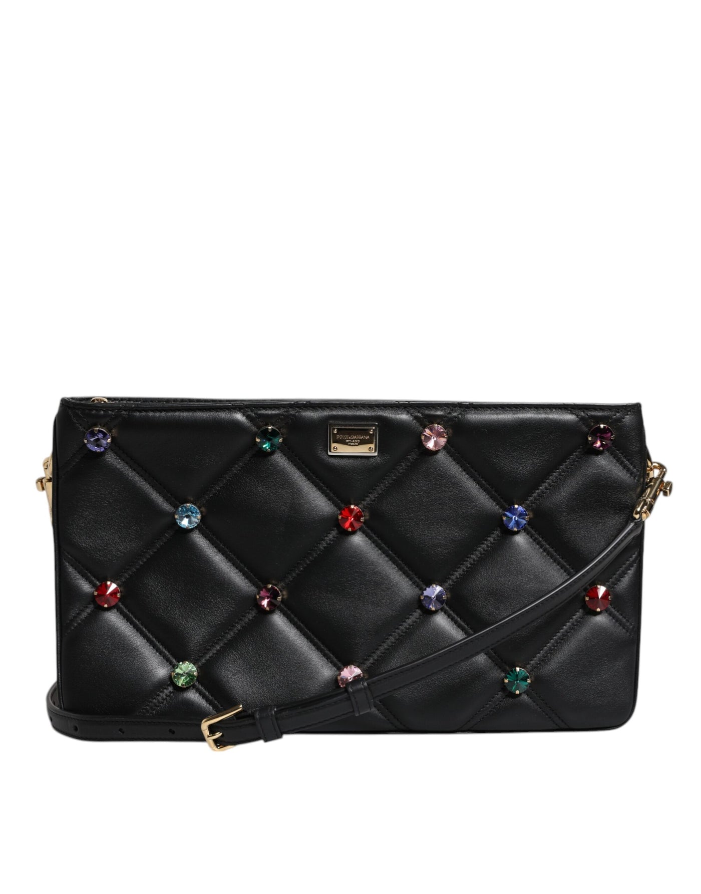 Dolce & Gabbana Schwarze Leder-Umhängetasche mit kristallbesetztem Logo