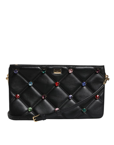Dolce & Gabbana Schwarze Leder-Umhängetasche mit kristallbesetztem Logo