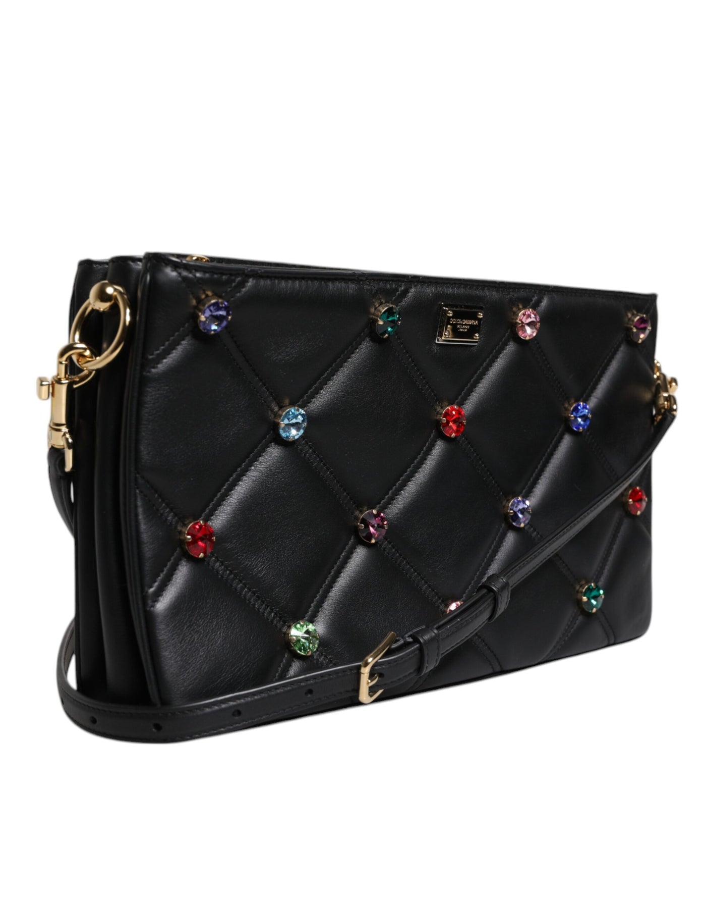 Dolce & Gabbana Schwarze Leder-Umhängetasche mit kristallbesetztem Logo