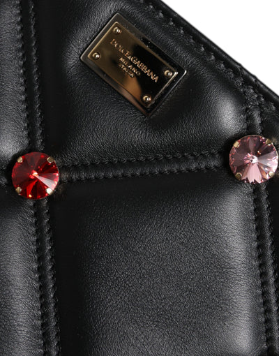 Dolce & Gabbana Schwarze Leder-Umhängetasche mit kristallbesetztem Logo