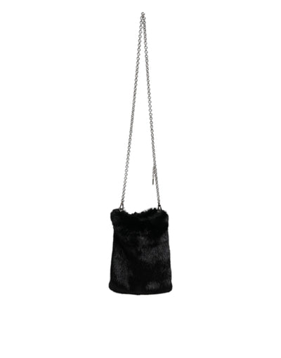 Dolce & Gabbana Schwarzer Kunstpelz Silber Kette Crossbody Umhängetasche Tasche