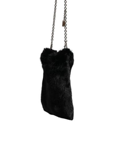 Dolce & Gabbana Schwarzer Kunstpelz Silber Kette Crossbody Umhängetasche Tasche