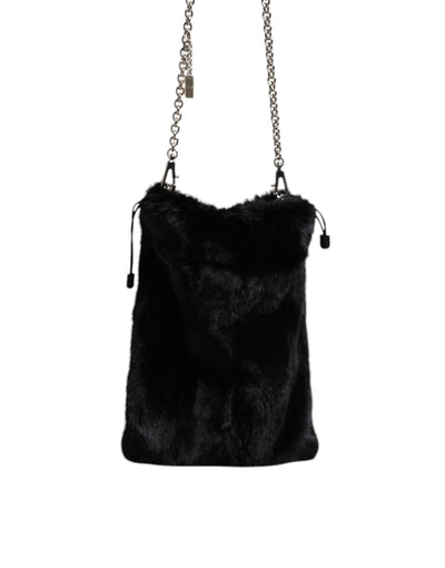 Dolce & Gabbana Schwarzer Kunstpelz Silber Kette Crossbody Umhängetasche Tasche