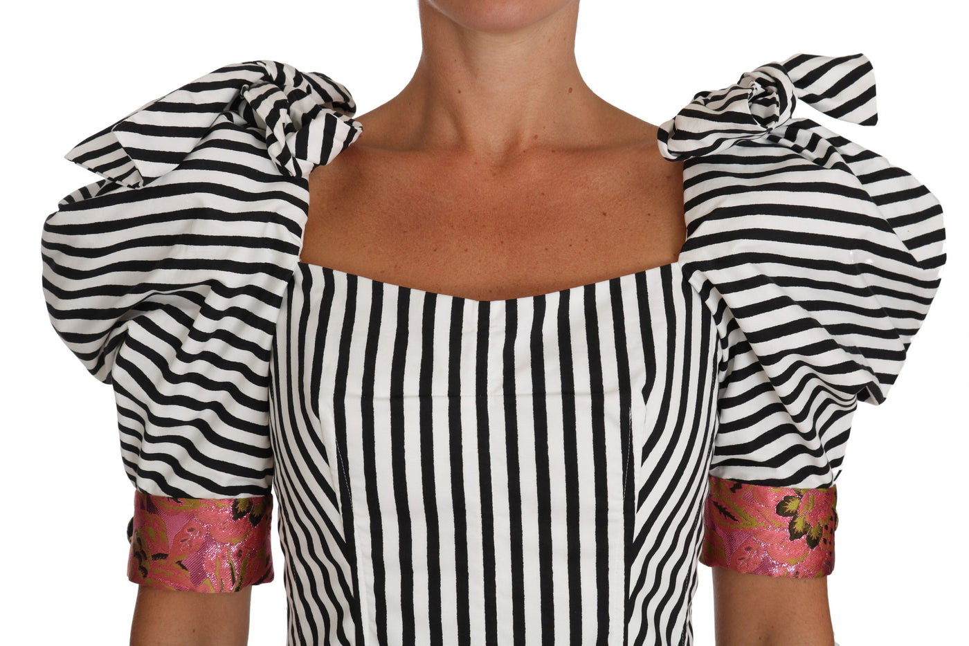 Dolce & Gabbana Weiß Schwarz Gestreiftes Cropped Top Puffärmel Hemden