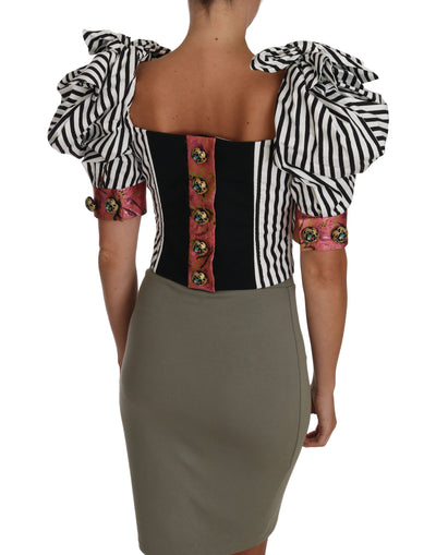 Dolce & Gabbana Weiß Schwarz Gestreiftes Cropped Top Puffärmel Hemden