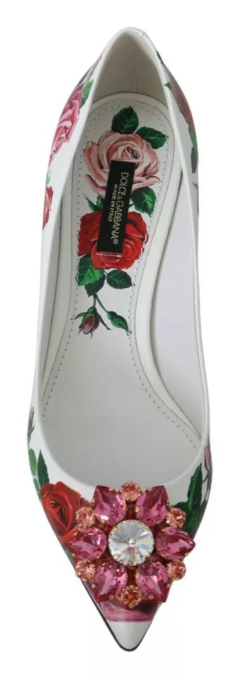 Dolce & Gabbana Weißes Leder Rosen Kristall Pumps Schuhe